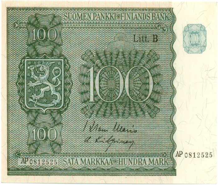 100 Markkaa 1945 Litt.B AP0812525 kl.9